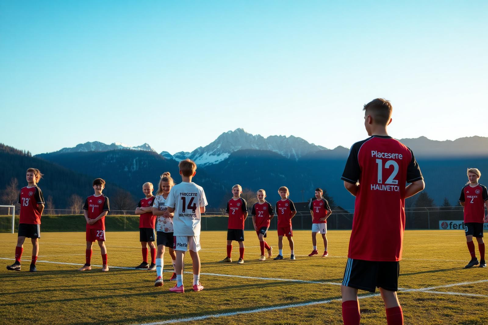 Lokale Juniorenmannschaft auf dem Fussballfeld im Abendlicht