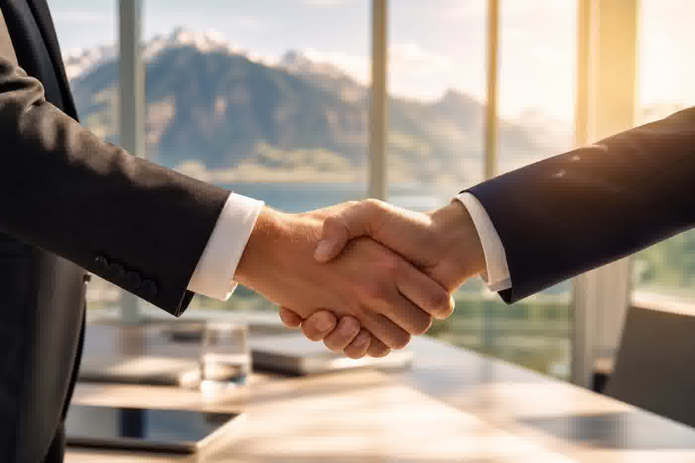 Handschlag zweier Geschäftspartner mit Bergblick